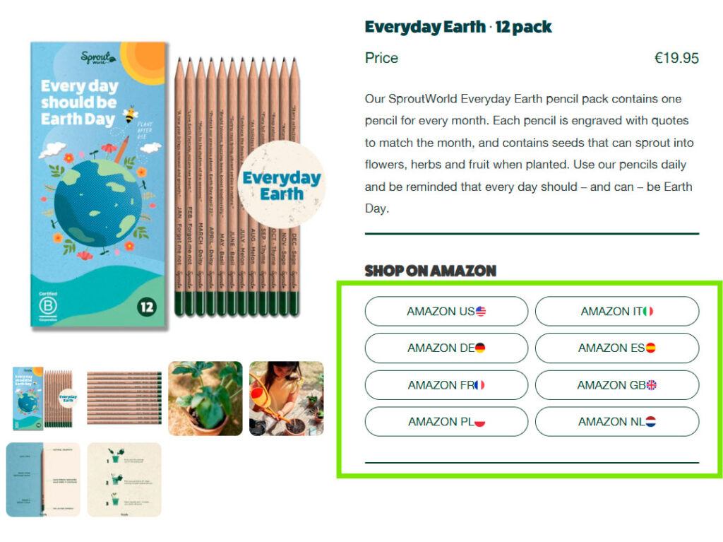 external traffic to amazon cta from webpage to amazon product listings sprout world